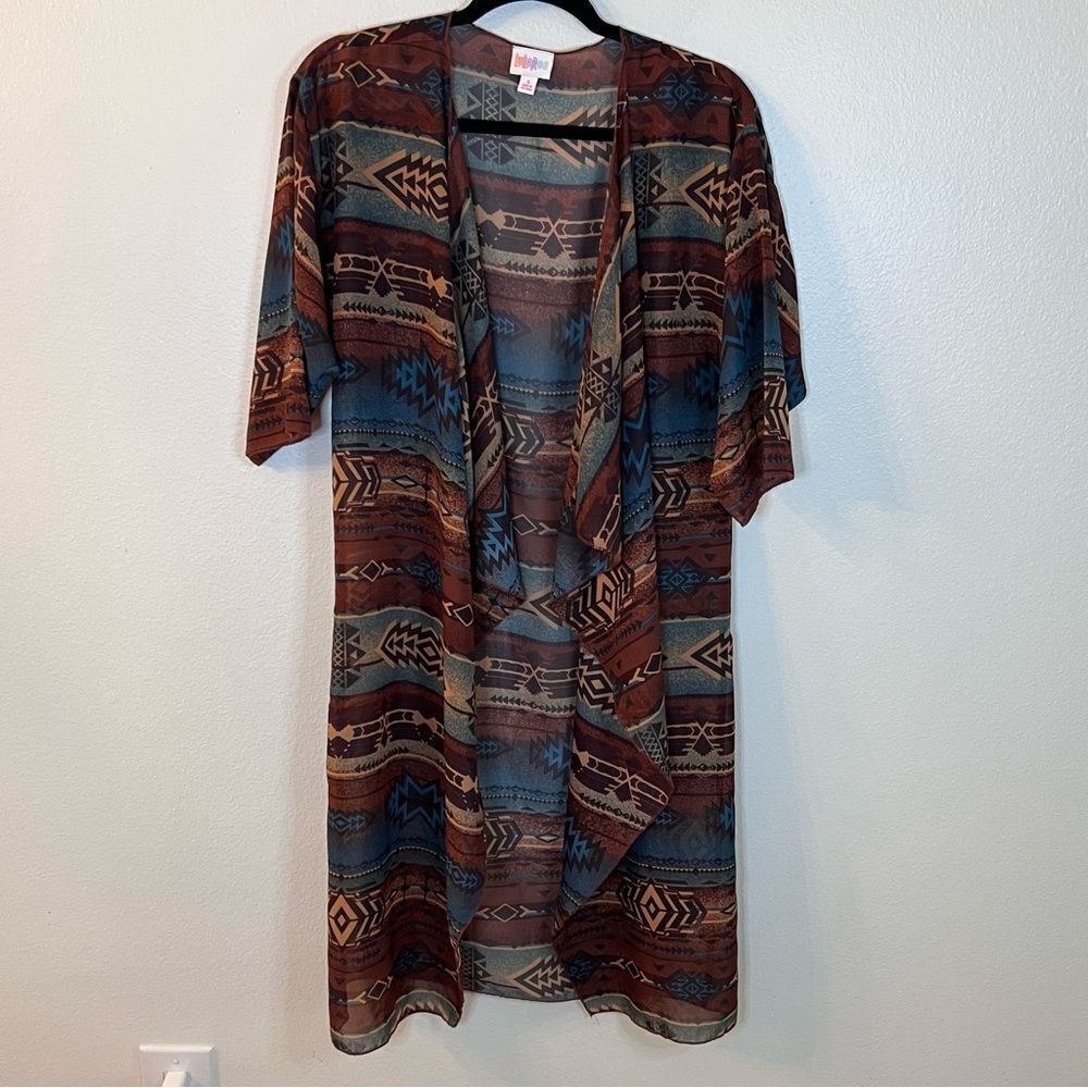 LuLaRoe Shirley Kimono Southwestern Aztec Print Woman's Size Small Brown Blue